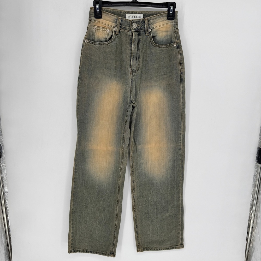 DEVELOP Womens High Rise Straight Leg Jeans Grey Green Dirty Wash Size S Korea